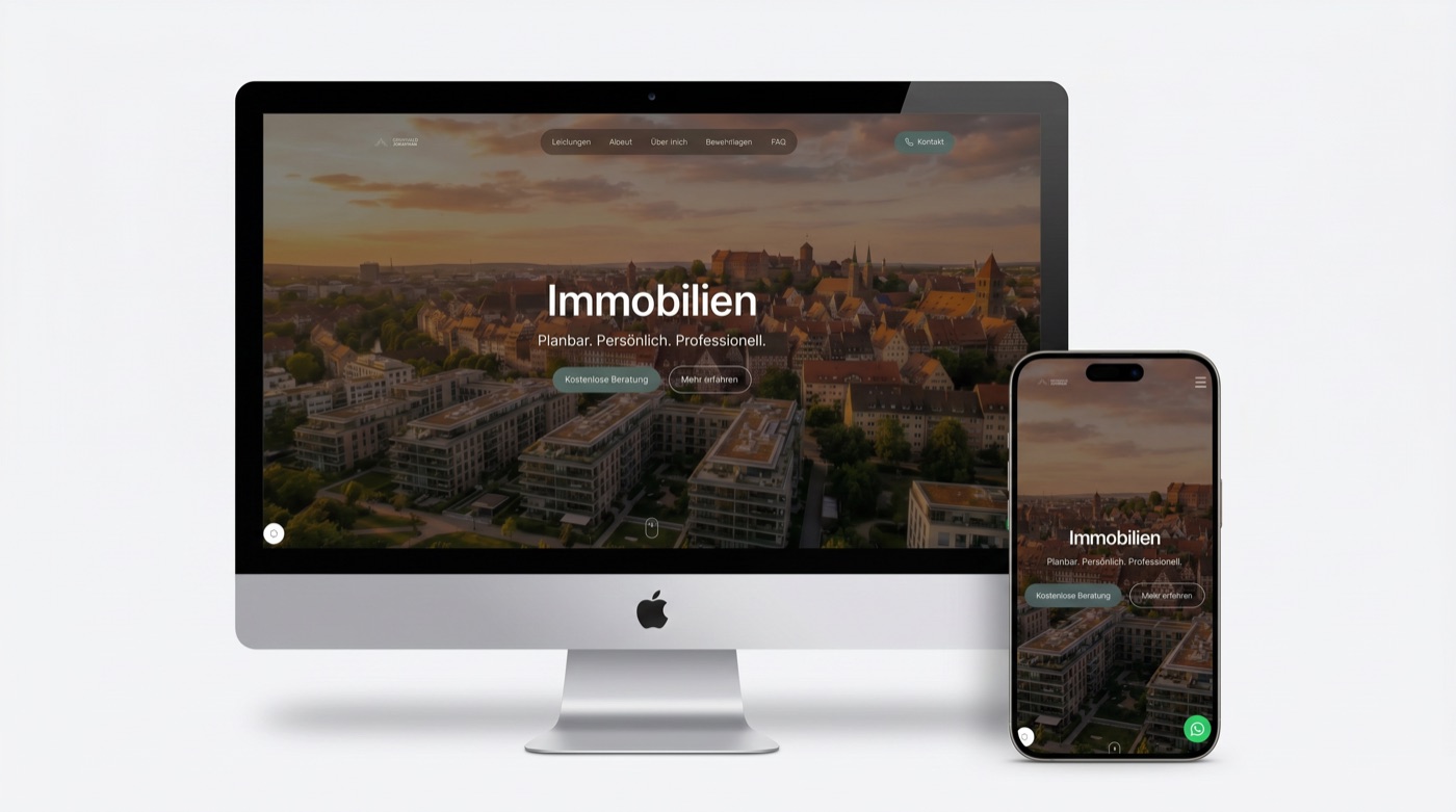 Website von Grunwald Immobilien, Nürnberg — auf iMac und iPhone