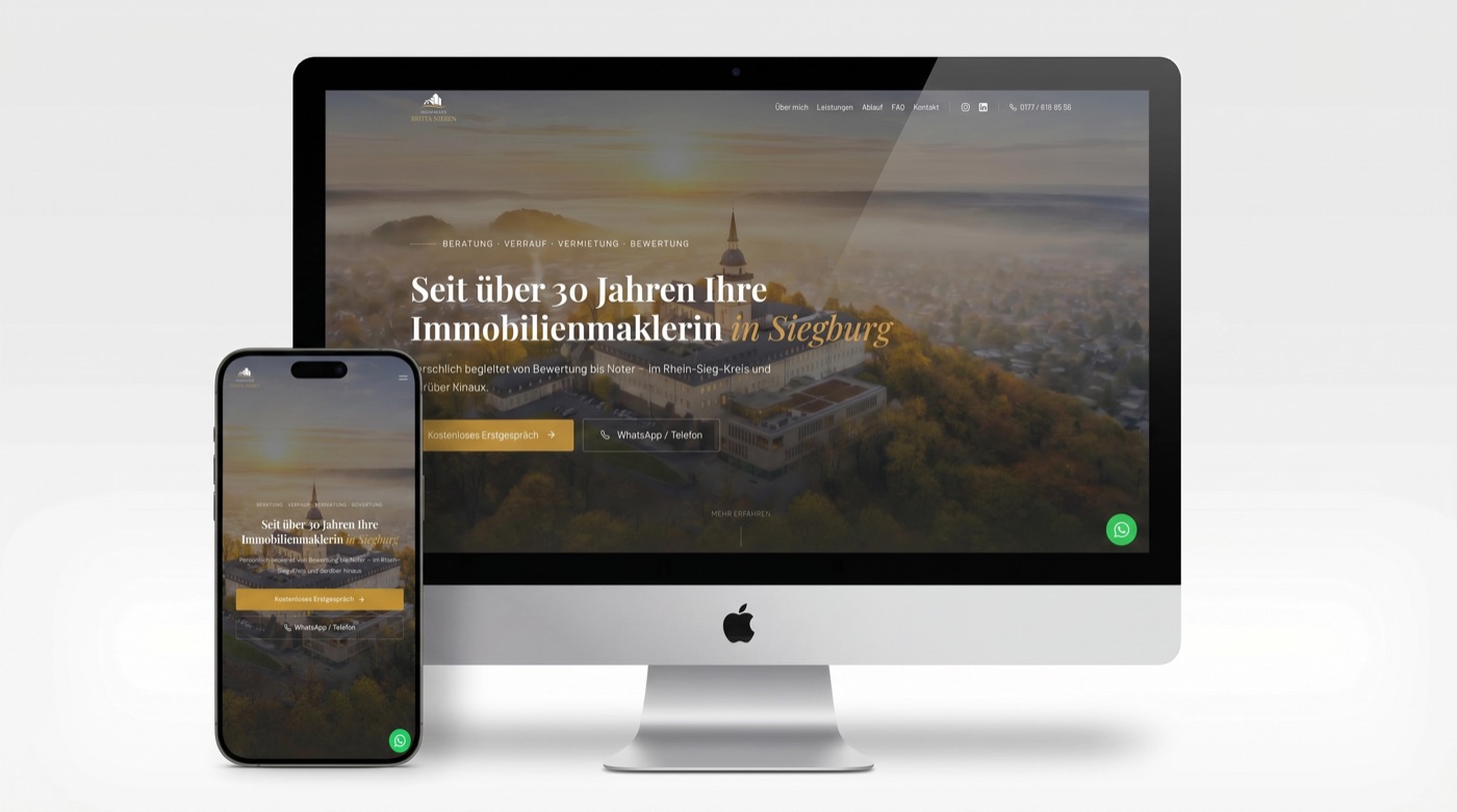 Website von Immobilien Britta Nießen, Siegburg — auf iMac und iPhone